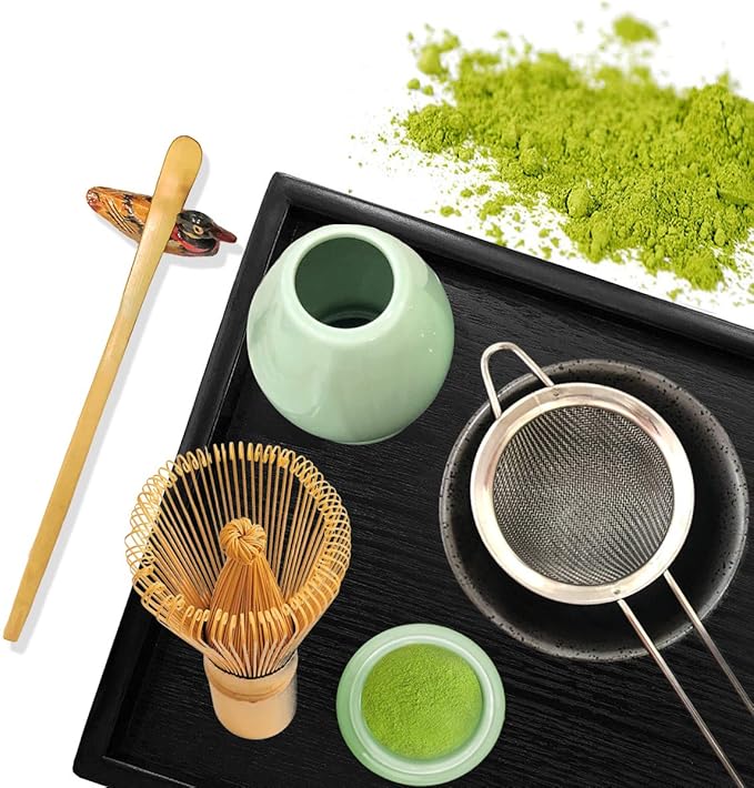 Artcome Japanese Matcha Tea Set, Matcha Whisk, Traditional Scoop, Matcha Bowl, Black Bamboo Tray, Ceramic Whisk Holder, Matcha Caddy, Handmade Matcha Ceremony Kit For Japanese Tea Ceremony (10Pcs)