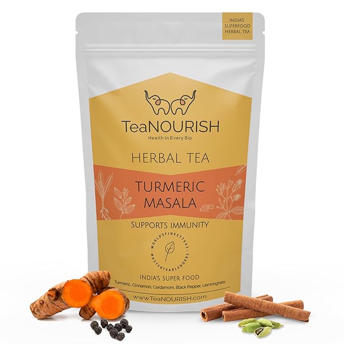 TeaNOURISH Turmeric Masala Herbal Tea | CAFFEINE-FREE | 100% NATURAL | Immunity Support Tea | Turmeric, Cinnamon, Cardamom, Black Pepper, Lemongrass - 3.53oz/100g