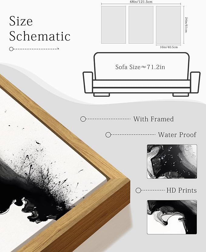 KUVIOKE Black White Abstract Framed Canvas Wall Art Ink Wash Pastel Wall Decor Modern Rendering Illustration Art Painting for Bedroom Dining Room 16x24in (Natural Framed)