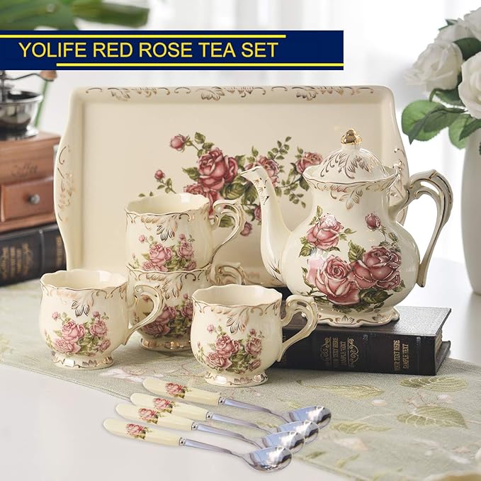 YOLIFE Porcelain Tea Set Vintage Rose, Tea Cups with Teapot, Serving Tray and Teaspoon Service for 4, Suitable for Tea Party Gifts
