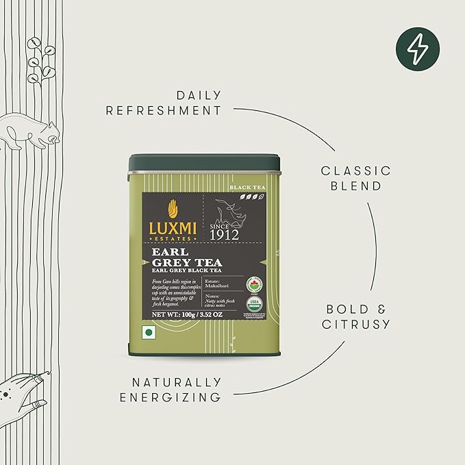 Luxmi Estates Garo Hills Earl Grey Tea 100gm Tin | Certified Organic Black Tea