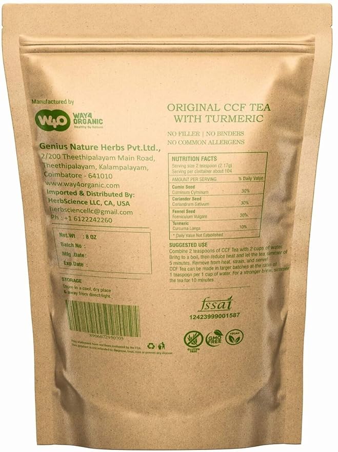 CCF Tea (Cumin, Coriander, Fennel) with Turmeric - Digestive Tea to Support Natural Detoxification 8 Ounces (Pack of 2)
