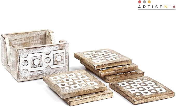 Wooden Set of 6 Whitewash Coasters for Drink Tea Coffee Table White Distressed Coaster with Holder Stand Dining Home Décor (Design2)