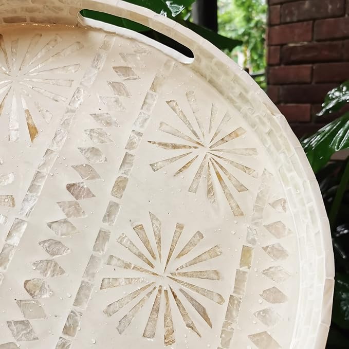 i-lan 18-Inch Round Mother of Pearl Inlay Serving Tray – White Decorative Coffee Table Tray with Handles for Food, Catering, Display & Home Décor (XXL)