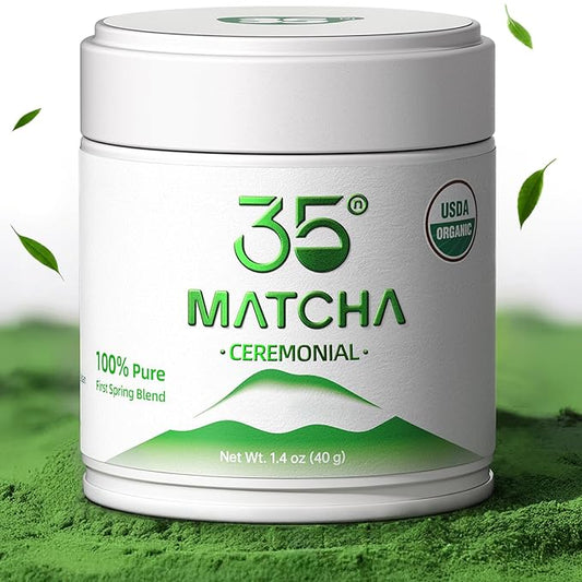 35°N MATCHA Organic Ceremonial Grade Matcha Powder, USDA Certified, 100% Pure Green Tea, First Harvest, No Additives, High in Antioxidants, L-Theanine & EGCG, Smooth Taste for Lattes & Baking, 1.4oz (40g)