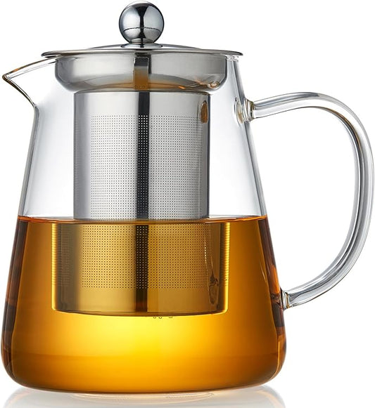 Glass Tea Pot 950ML, Borosilicate Glass Tea Kettle with Detachable Stainless Steel Infuser, Clear Teapot for Loose Leaf Tea, Blooming Tea, Tea bags 32oz