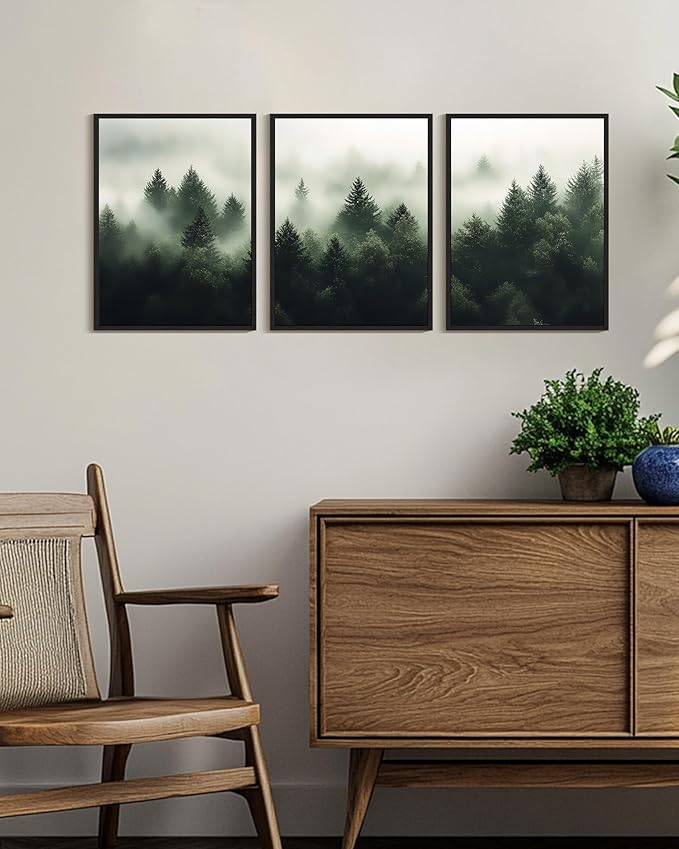 KUVIOKE Morden Green Fog Pine Tree Framed Canvas Wall Art Nature Nordic Forests Artwork Painting Bedroom Decor 12x16in (Black Framed)