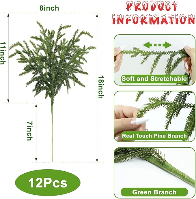 Artgar 12 Pcs Pine Branches - 18 Inch Artificial Green Pine Stem - Real Touch Christmas Greenery Pines Branches for DIY Flower Arrangement Home Indoor Christmas Decor