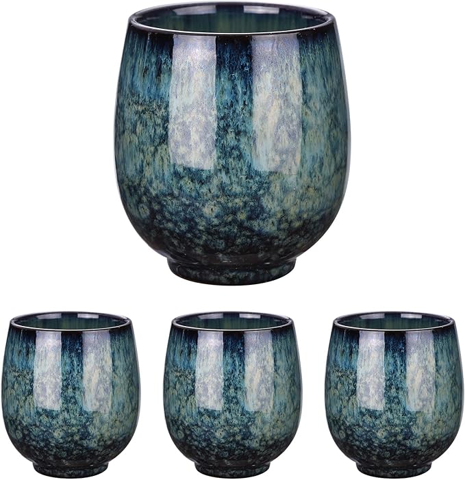 HARFINGTON 4pcs Chinese Ceramic Teacups 5.41oz Traditional Gong Fu Tea Set Japanese No Handle Small Tea Cup for Mate Tea Coffee Wine Drinks, Sapphire Blue