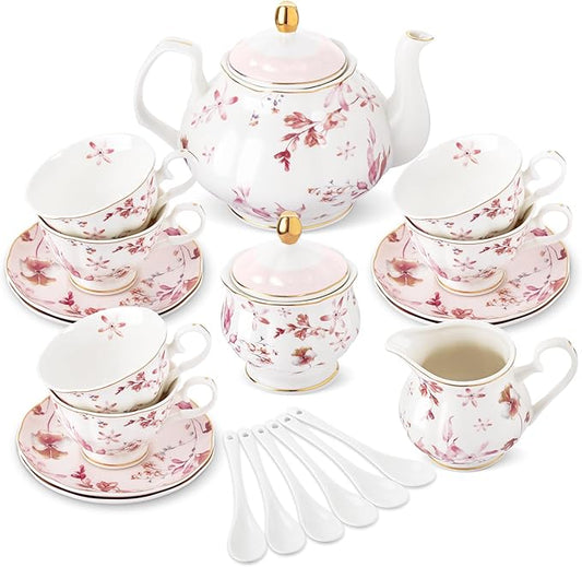 fanquare 21 Pieces British Porcelain Tea Set with Gold Trim, Pink Autumn Leaves Floral Tea Sets for Women Tea Party, 6 Teacup and Saucers for Coffee Home Wedding