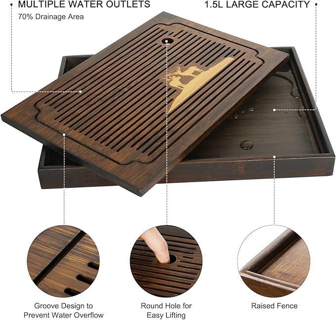 Ufine 15.7 Inch Bamboo Gongfu Tea Tray Large Tea Table Box with Water Storage Chinese Kung Fu Tea Serving Tray