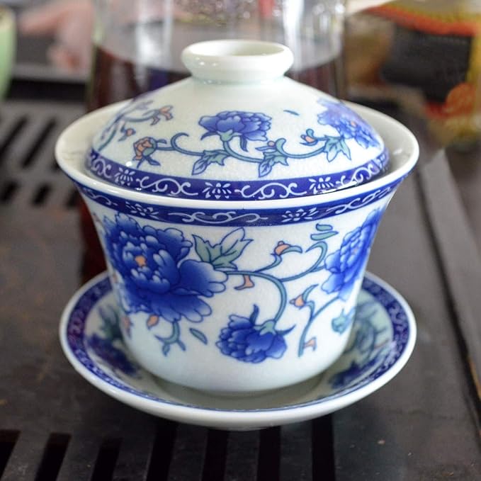 Gaiwan 5.5oz Chinese Penoy Teacup Qinghua Porcelain Cup Gongfu Tea Set (Peony)