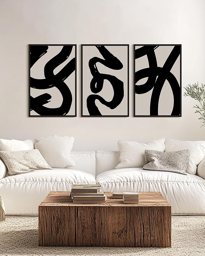 KUVIOKE Black Abstract Framed Wall Art Ink Wash Minimalist Lines Canvas Painting Artwork for Bedroom Hallway 24x36in (Black Framed)