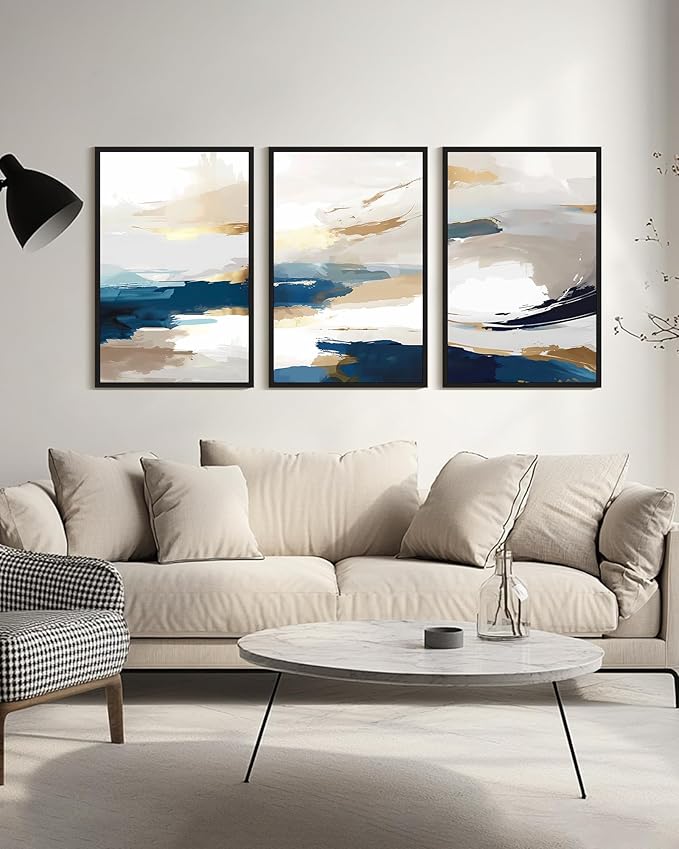 KUVIOKE Navy Blue Abstract Framed Canvas Wall Art Graffiti Shape Pastel Wall Decor Modern Minimalist Art Painting for Bedroom Living Room 24x36in (Black Framed)