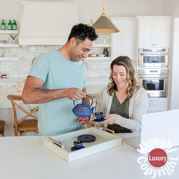 Large 11PC Japanese Tea Set "Blue and Gold" Cast Iron Tea Pot 26Oz with 4 Tea Cups (2Oz each), 4 Saucers, Leaf Tea Infuser and Trivet. Ceremonial Matcha Accessories