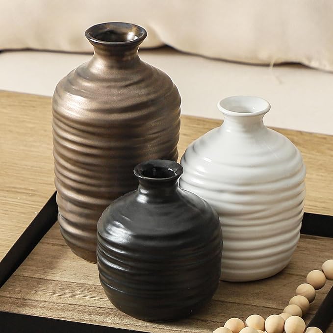 Ceramic Vase Set of 3 Decorative Vase for Home Decor Modern Farmhouse Decor Pottery Neutral Vases for Living Room Bathroom Table Mantel Fireplace Entryway Shelf (02-Metallic)