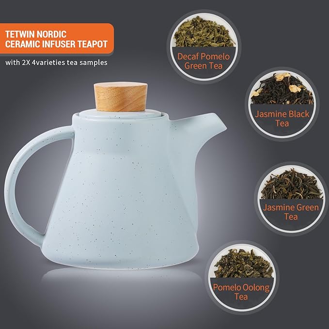 TETWIN Ceramic Teapot with Infuser, 25oz Blue Tea Pot with 8 Loose Leaf Tea Samplers Gift Set – Small Teapot for Full Leave Tea, Elegant Nordic Design, Dishwasher Safe