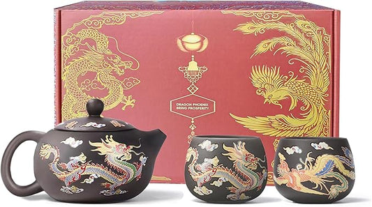 Hand-made Dragon and Phoenix Color-changing Purple Clay Teapot Zisha Tea Pot Kung Fu Tea Set Tea Lover‘s Gift (Teapot+2*Cups)