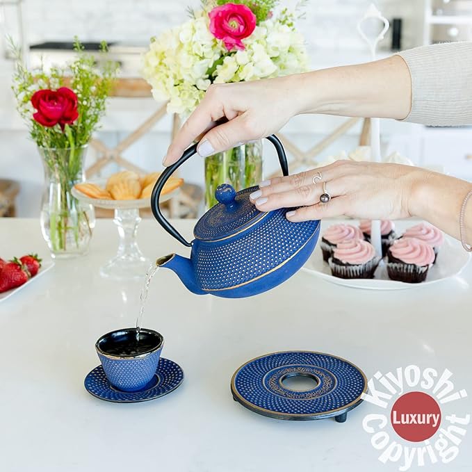 Large 11PC Japanese Tea Set "Blue and Gold" Cast Iron Tea Pot 26Oz with 4 Tea Cups (2Oz each), 4 Saucers, Leaf Tea Infuser and Trivet. Ceremonial Matcha Accessories