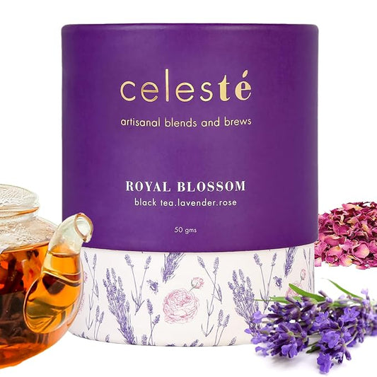 CelesTe Royal Blossom, Lavender Tea Loose Leaf - Premium Blend with Rose Petals | 100% Natural Loose Leaf Black Tea (1.76 oz) (50 gm) (25 Cups)