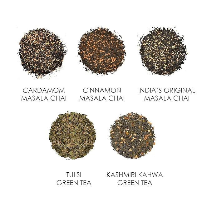 Octavius Assorted 5 Loose Leaf Tea Samplers | Indian Masala Chai |Cardamom Chai |Cinnamon Chai|Kashmiri Kahwa|Tulsi Green Tea|Perfect For Chai Lovers & Green Tea Lovers|25 cups (5 packs of 10gm each)
