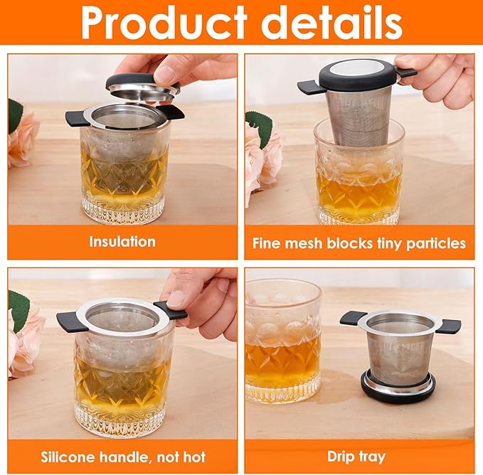 4 Pcs Tea Strainers for Loose Tea Stainless Steel Tea Steeper Large Capacity Tea Infuser Fine Mesh Tea Diffuser with Silicone Lid and Heat Proof Double Handles for Teapots Cups Mugs