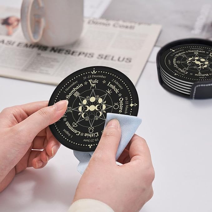 Mystic Witchy Leather Drinks Coasters with Holder, Set of 6, Suitable for Various Cups