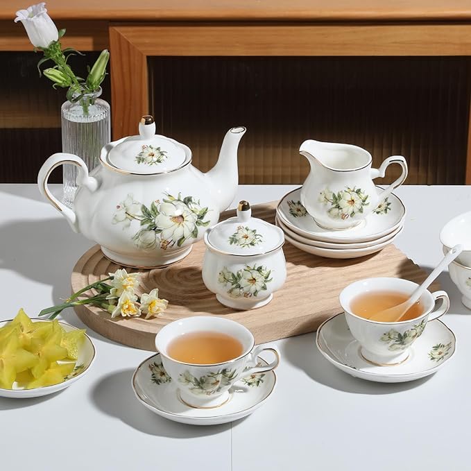 Sweejar Ceramic Teapot with Infuser, Floral Relief Gold Rimmed Teapot, 29 OZ Porcelain Tea Pot for Blooming and Loose Tea, Coffee...(Camellia)