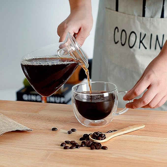 CNGLASS Double Wall Glass Cappuccino Mugs 8.1oz,Clear Insulated Glass Coffee Mug with Handle for Espresso,Latte,Tea,Set of 2