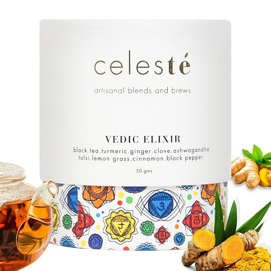 CelesTe Vedic Elixir - Turmeric Tea Loose Leaf - Premium Blend with Cinnamon, Black Pepper, Lemon Grass, Tulsi, Clove and Ashwagandha | 100% Natural Loose Leaf Black Tea (1.76 oz) (50 gm) (25 Cups)