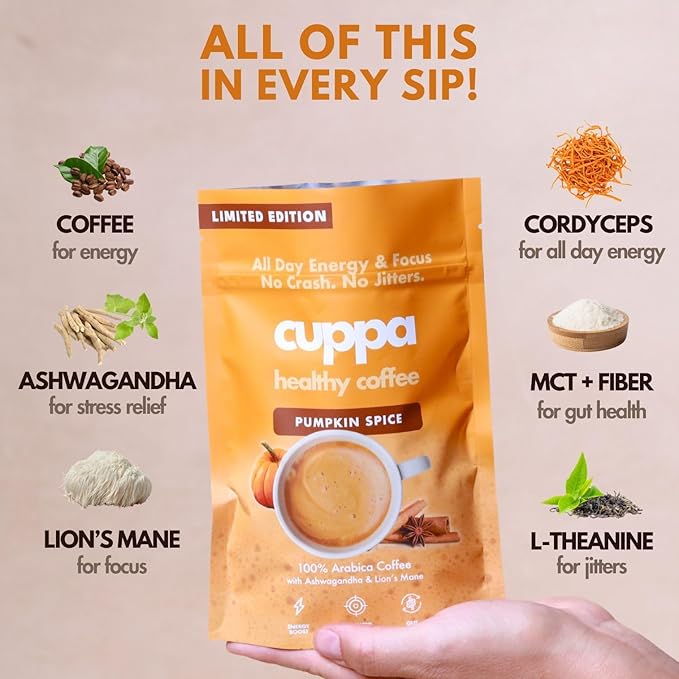 Cuppa Healthy Mushroom Insant Coffee with Lion's Mane & Ashwagandha for All Day Energy & Focus - No Crash or Jitters - Nootropics for Brain Health, Gut Health, Immunity, Stress, Memory + Mood (30 Servings, Pumpkin Spice)