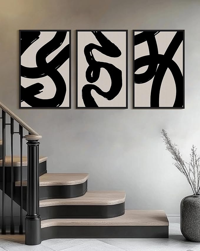 KUVIOKE Black Abstract Framed Wall Art Ink Wash Minimalist Lines Canvas Painting Artwork for Bedroom Hallway 24x36in (Black Framed)