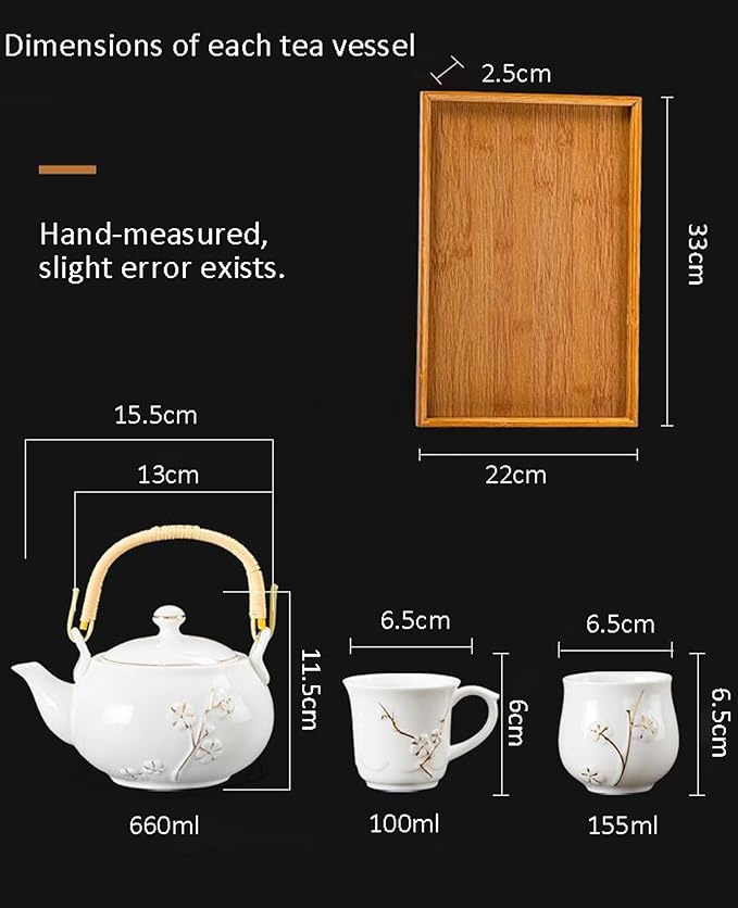 KEYDUACU Japanese Tea Set, Kiln-Formed Ceramic Tea Set, Plum Blossom Embossed, Includes 1 Teapot, 6 Teacups,Tea Tray,Strainer, Used for home, outdoor, gift, Chinese Kung Fu Tea Set(FDMH-GREEN)