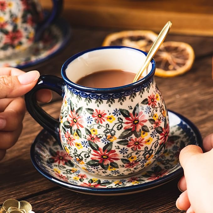 polish pottery style porcelain ceramic 10 piece Tea set,7.2oz tea cup and sauce set of 4,28.2oz teapot and wooden serving tray.（ Exotic Daisy）