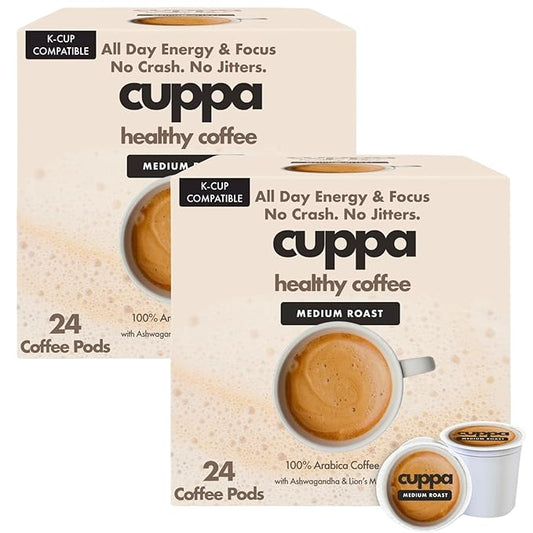 Cuppa Healthy Mushroom Coffee Single Serve Pods (K-Cups) with Lion's Mane & Ashwagandha for All Day Energy & Focus - No Crash or Jitters - Nootropics for Brain Health, Gut Health, Immunity, Stress, Memory + Mood - 48 Servings