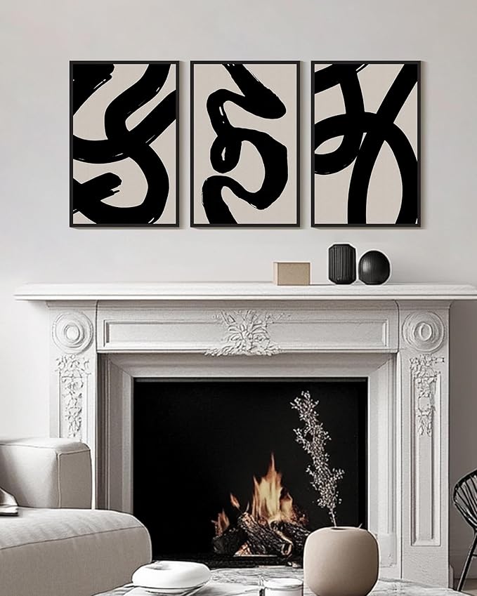 KUVIOKE Black Abstract Framed Wall Art Ink Wash Minimalist Lines Canvas Painting Artwork for Bedroom Hallway 16x24in (Black Framed)