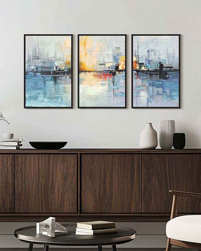 KUVIOKE Navy Blue Abstract Landscape Framed Canvas Wall Art Graffiti Shape Pastel Wall Decor Modern Minimalist Art Painting for Bedroom Dining Room 16x24in (Black Framed)