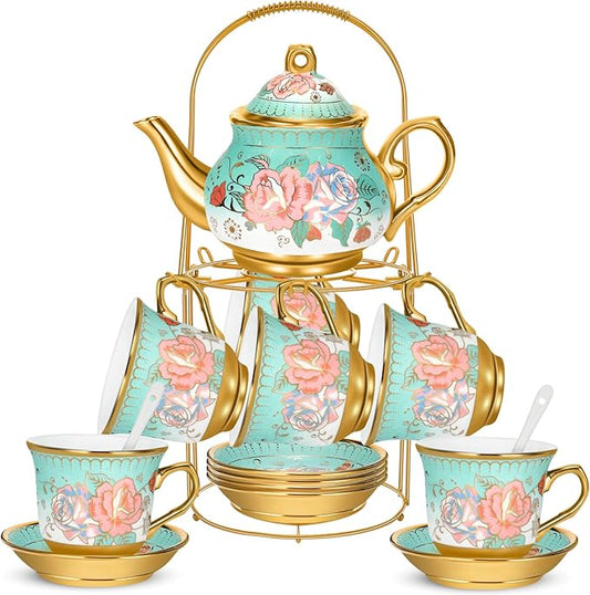 20 Pcs Porcelain Tea Set for Adults with Metal Holder and Spoon European Ceramic Tea Party Set Flower Painting Teapot Cup Gold Plated Saucer for Women, Serving 6 People(Modern)