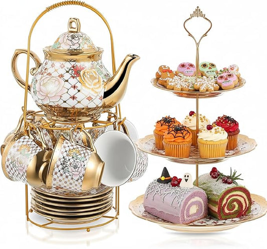 Maxcheck 21 Pcs Tea Party Set for Adults European Floral Tea Set with Metal Holder and 3 Tier Ceramic Cake Stand Porcelain Flower Cup Teapot for Dessert Cupcake(Stylish Style)