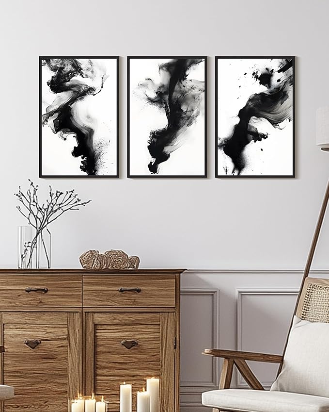 KUVIOKE Black White Abstract Framed Canvas Wall Art Ink Wash Pastel Wall Decor Modern Rendering Illustration Art Painting for Bedroom Dining Room 16x24in (Black Framed)