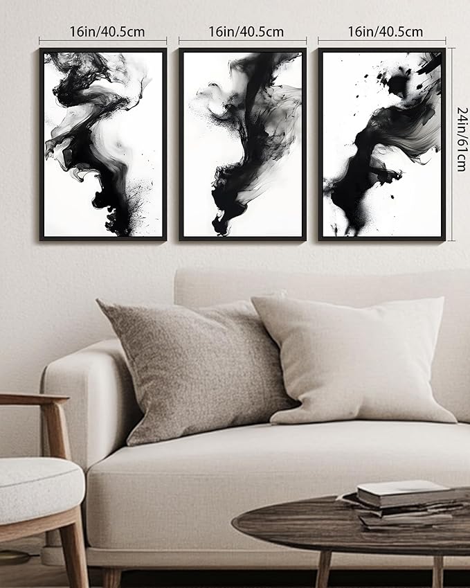 KUVIOKE Black White Abstract Framed Canvas Wall Art Ink Wash Pastel Wall Decor Modern Rendering Illustration Art Painting for Bedroom Dining Room 16x24in (Black Framed)