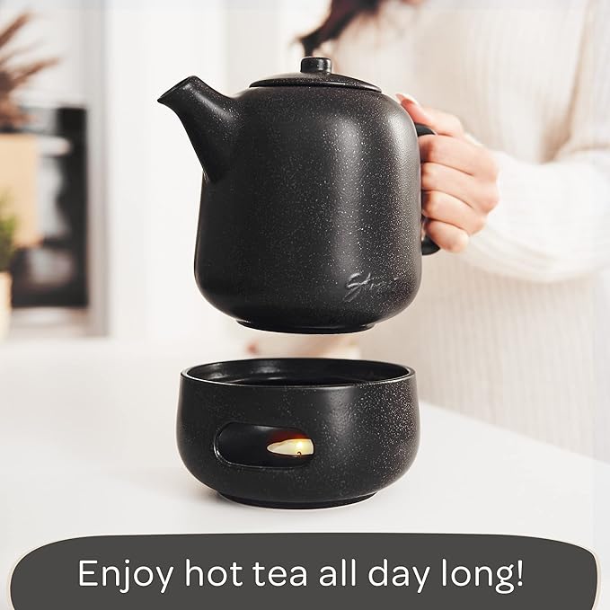 Steinzeit Design Tea Pot with Warmer (44 oz) - Premium Ceramic Teapot with Infuser for Loose Tea - Black Teapot Ceramic with Removable Steamer