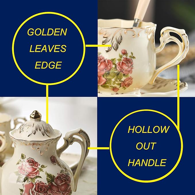 YOLIFE Porcelain Tea Set Vintage Rose, Tea Cups with Teapot, Serving Tray and Teaspoon Service for 4, Suitable for Tea Party Gifts