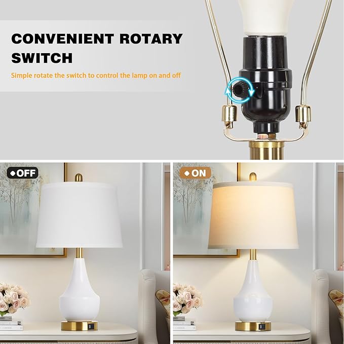 Modern White Table Lamp Set of 2, 24" Ceramic Table Lamp with USB A+C Ports,Classic Beside Lamps Nightstand Lamp Modern Lamp for Living Room, Bedroom & Office -LED Bulbs Included