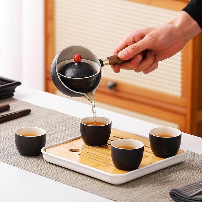 Chinese tea set Gongfu tea set, Portable Teapot Set with 360 Rotation Tea maker and Infuser,chinese kung fu tea set Japanese tea set All in One leather Bag (4cups-Black)