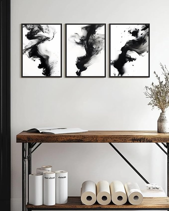 KUVIOKE Black White Abstract Framed Canvas Wall Art Ink Wash Pastel Wall Decor Modern Rendering Illustration Art Painting for Bedroom Dining Room 12x16in (Black Framed)