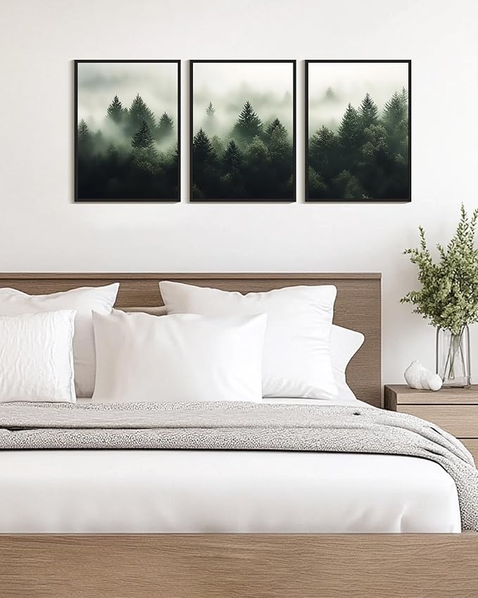 KUVIOKE Morden Green Fog Pine Tree Framed Canvas Wall Art Nature Nordic Forests Artwork Painting Bedroom Decor 12x16in (Black Framed)