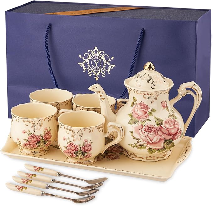YOLIFE Porcelain Tea Set Vintage Rose, Tea Cups with Teapot, Serving Tray and Teaspoon Service for 4, Suitable for Tea Party Gifts