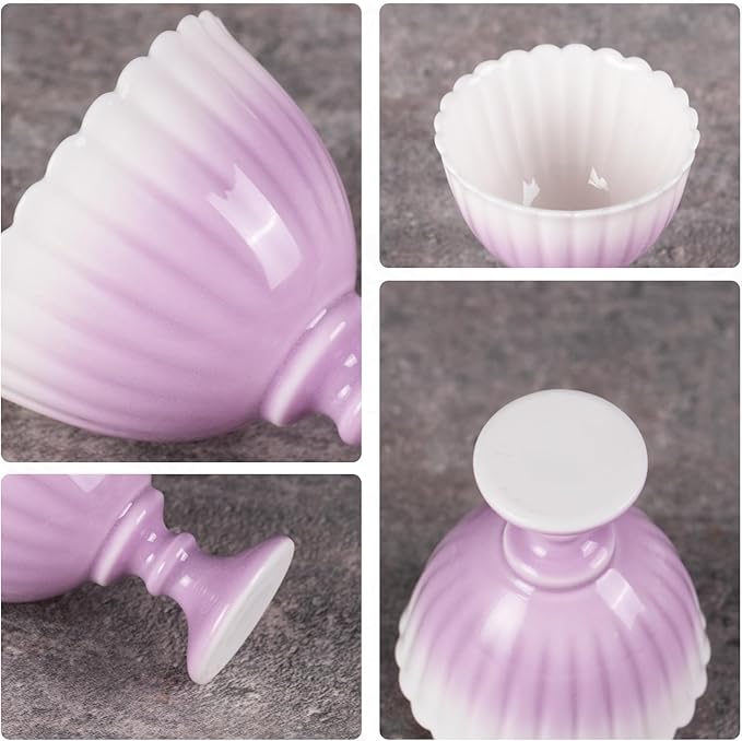 KAMMAK Tea Cup, 1.8oz Small Tea Set of 2, Porcelain Tea Cups with Short Stem, Ceramic Teacups for Home, Tea Party, Chinese Kungfu Tea Set for Hot/Cold Drink (Chrysanthemum - Purple)