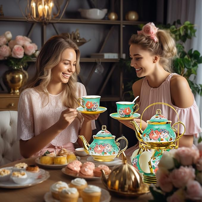 20 Pieces Porcelain Tea Set With Metal Holder, European Ceramic tea set for adults,Flower Tea Set,Tea Set For Women With Flower Painting (Large version, Green)